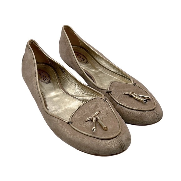 Tod's Gold & Taupe Slip On Metallic Closed Toe Driver Shoes Size 37.5 - Picture 1 of 14